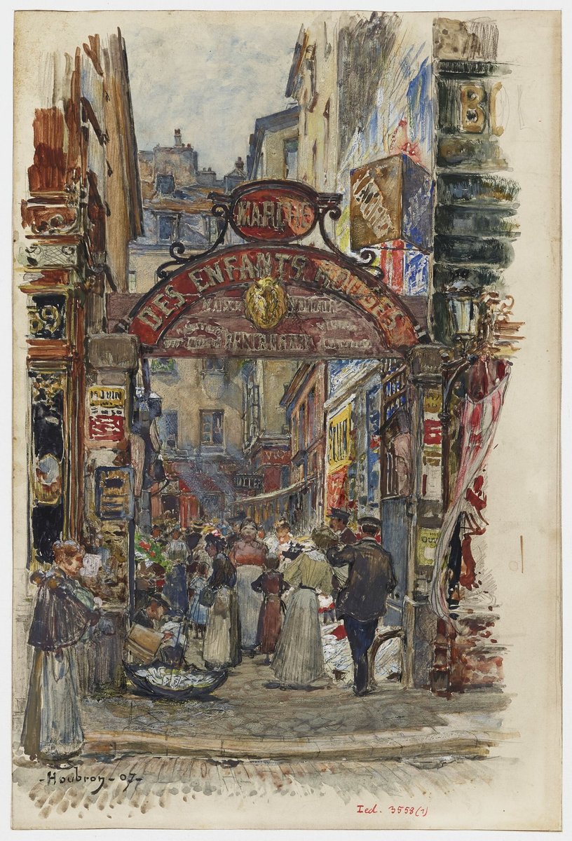 Aquarelle de 1907 : foule sous le portail en fer forgé du marché des Enfants-Rouges, rue de Bretagne