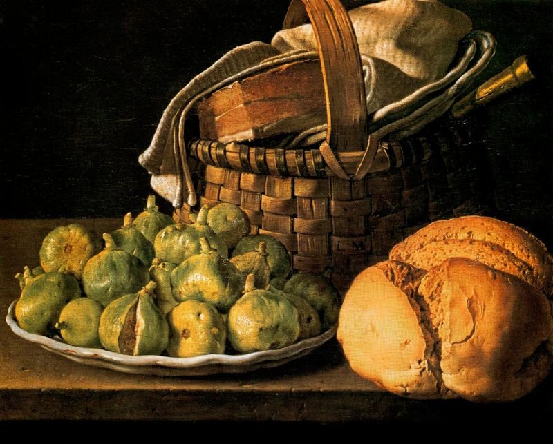 Nature morte de Luis Meléndez : figues, pain et panier sur une table