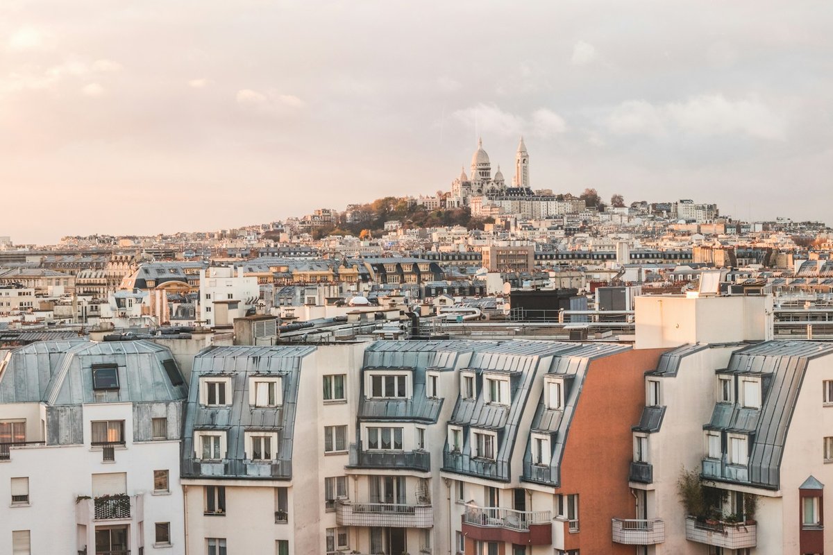 Toits de zinc parisiens, avec le Sacré-Cœur sur la butte au fond