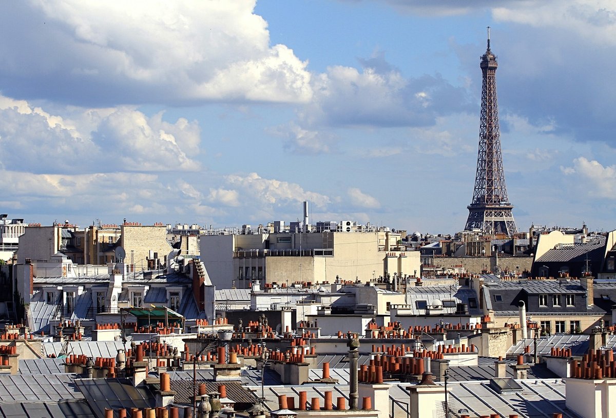 Toits de zinc et cheminées de Paris, tour Eiffel au loin